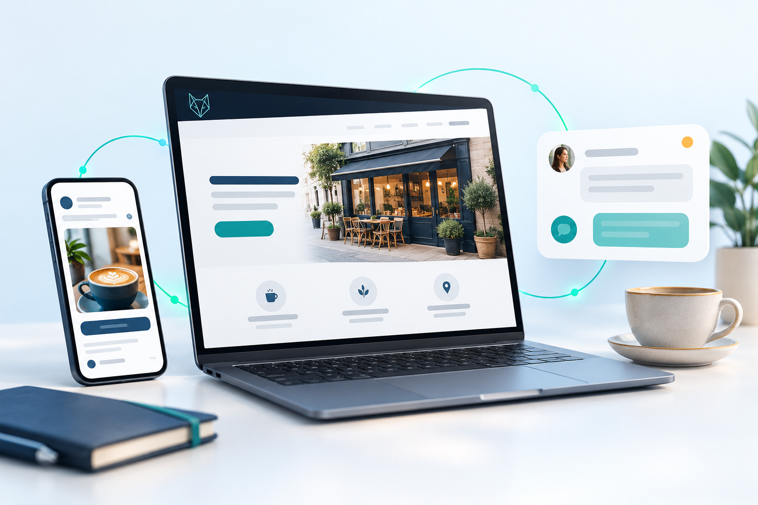 Illustration of an example business website on a laptop and phone, with an enquiry chat window
