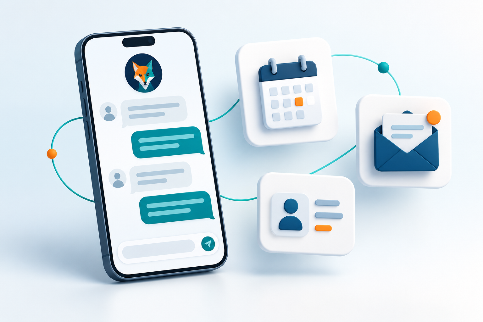 Illustration of an example enquiry chat on a phone, with calendar, email and contact icons