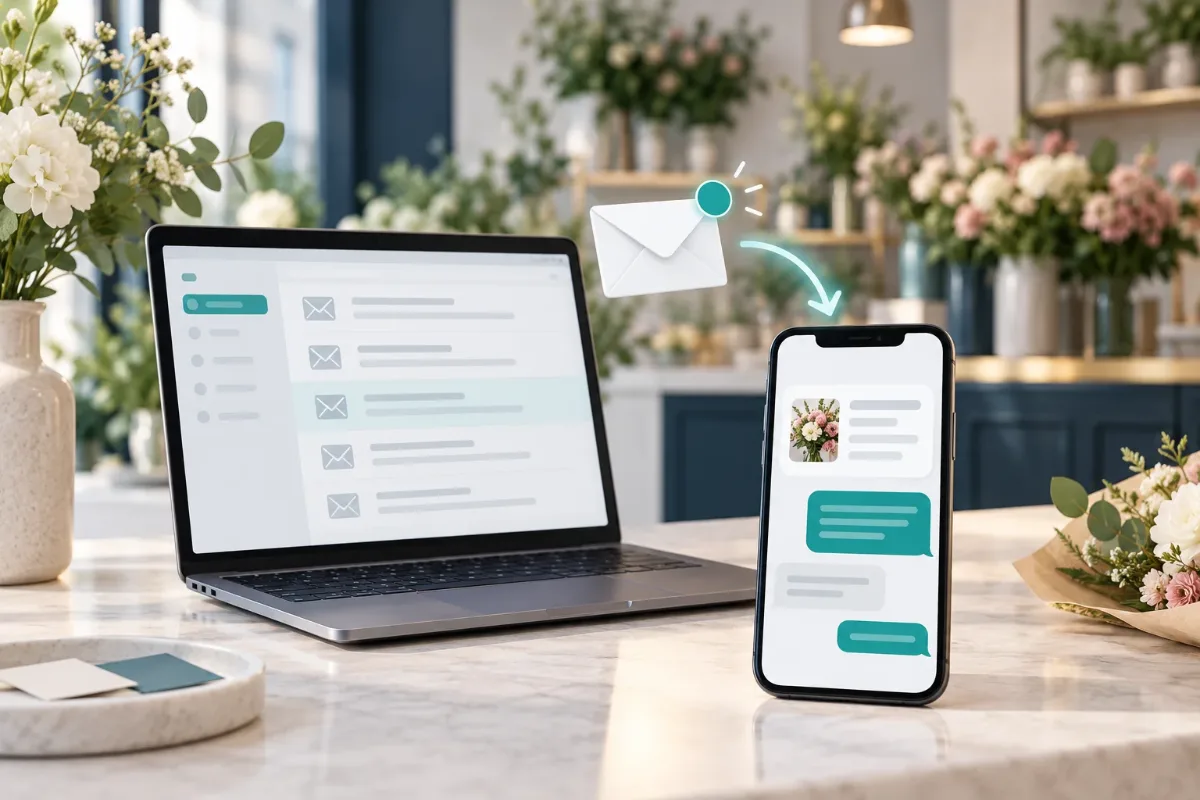 Illustration of an email inbox on a laptop and a short notification on a phone in a flower shop.