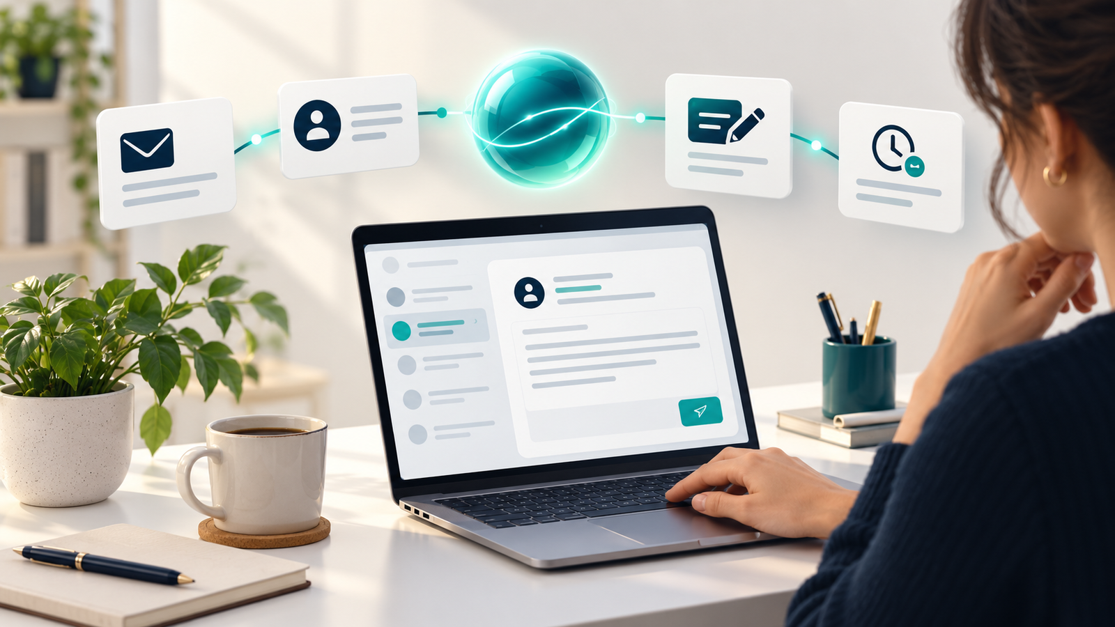 Small business owner reviewing an AI-assisted customer enquiry reply on a laptop.