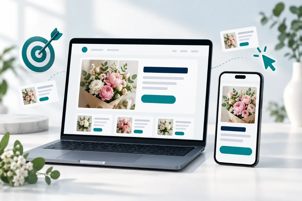 Illustration of a flower shop’s online advertising: an ad on a laptop and phone, with a target and a click icon.