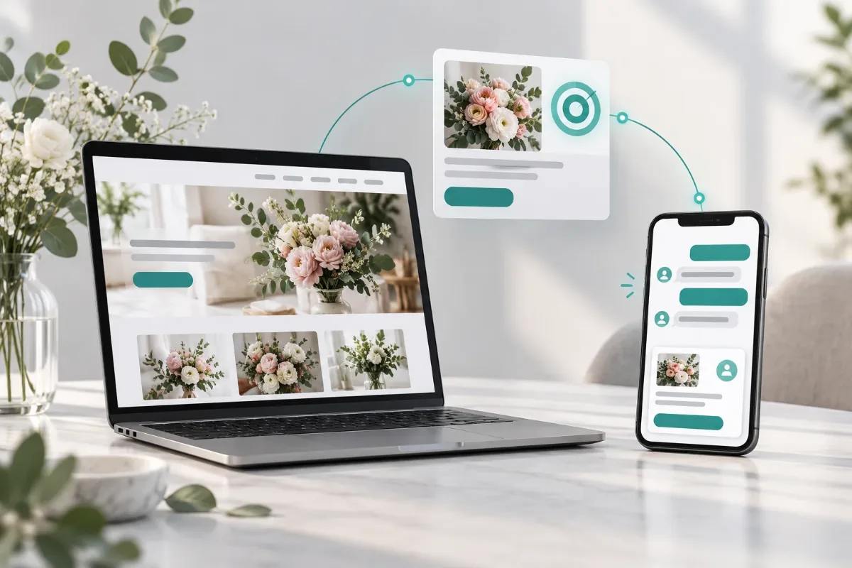 Illustration of a flower shop website on a laptop connected to an ad card and a chat on a phone.